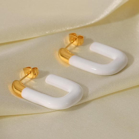 Vintage Hand Dipped White U-shaped Open Earrings 18k Gold Plated Stainless Steel - Picture 6 of 8